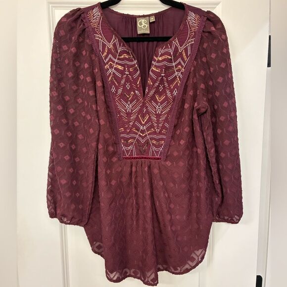 ANTHROPOLOGIE ONE SEPTEMBER Embroidered Tunic Blouse Maroon Women’s Size Medium - Picture 2 of 8